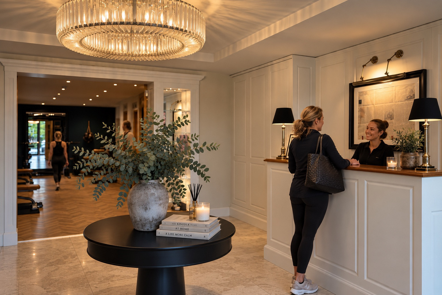 A guest being welcomed at the reception desk beneath a crystal chandelier