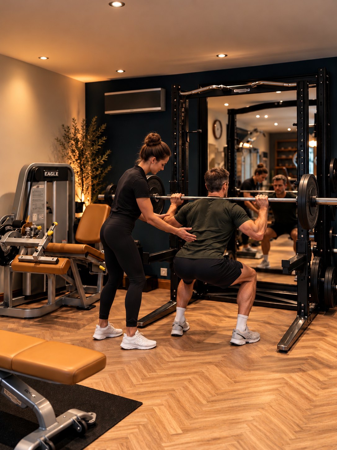 Personal trainer supporting a guest during a strength training session at The Chapel, Berkhamsted.