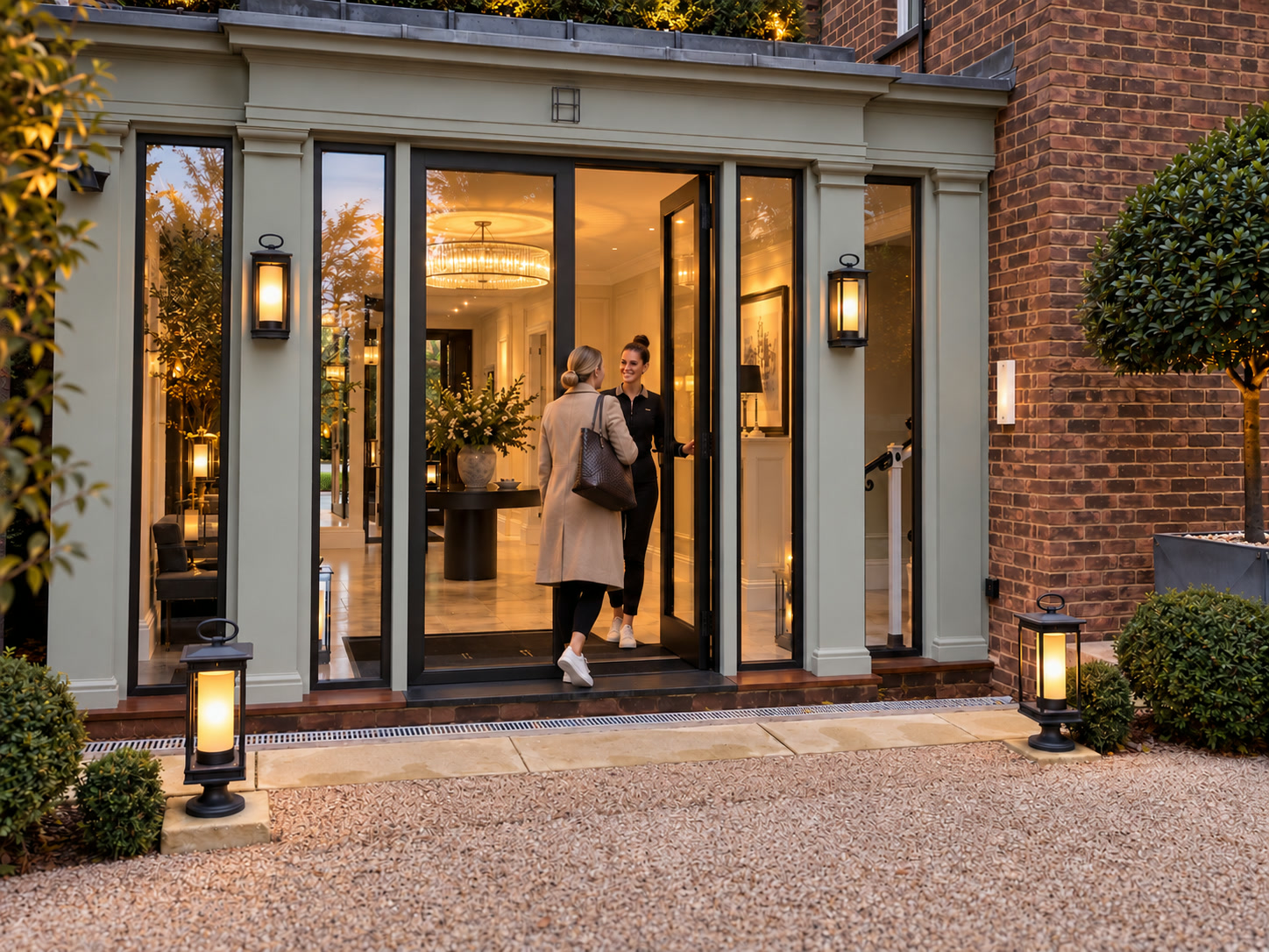 A guest arriving through the softly lit glazed doors of The Chapel, welcomed by a member of the team