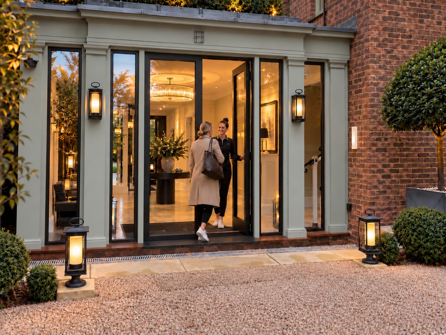 A guest arriving through the softly lit glazed doors of The Chapel, welcomed by a member of the team